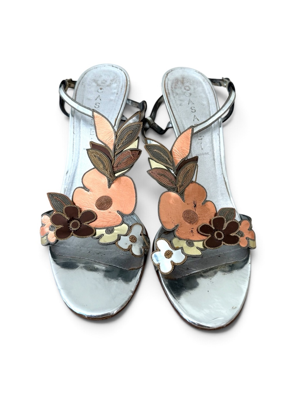Casadei Silver Leather Floral Appliqué Sandals with Rose Gold & Brown Accents